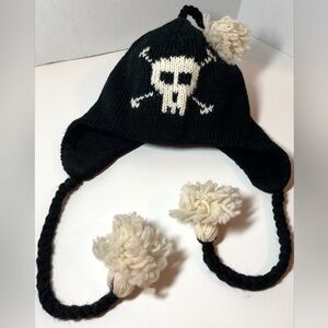 White Skull Design on Black 100% Nepalese Wool Winter Hat with Pom Pom Ties